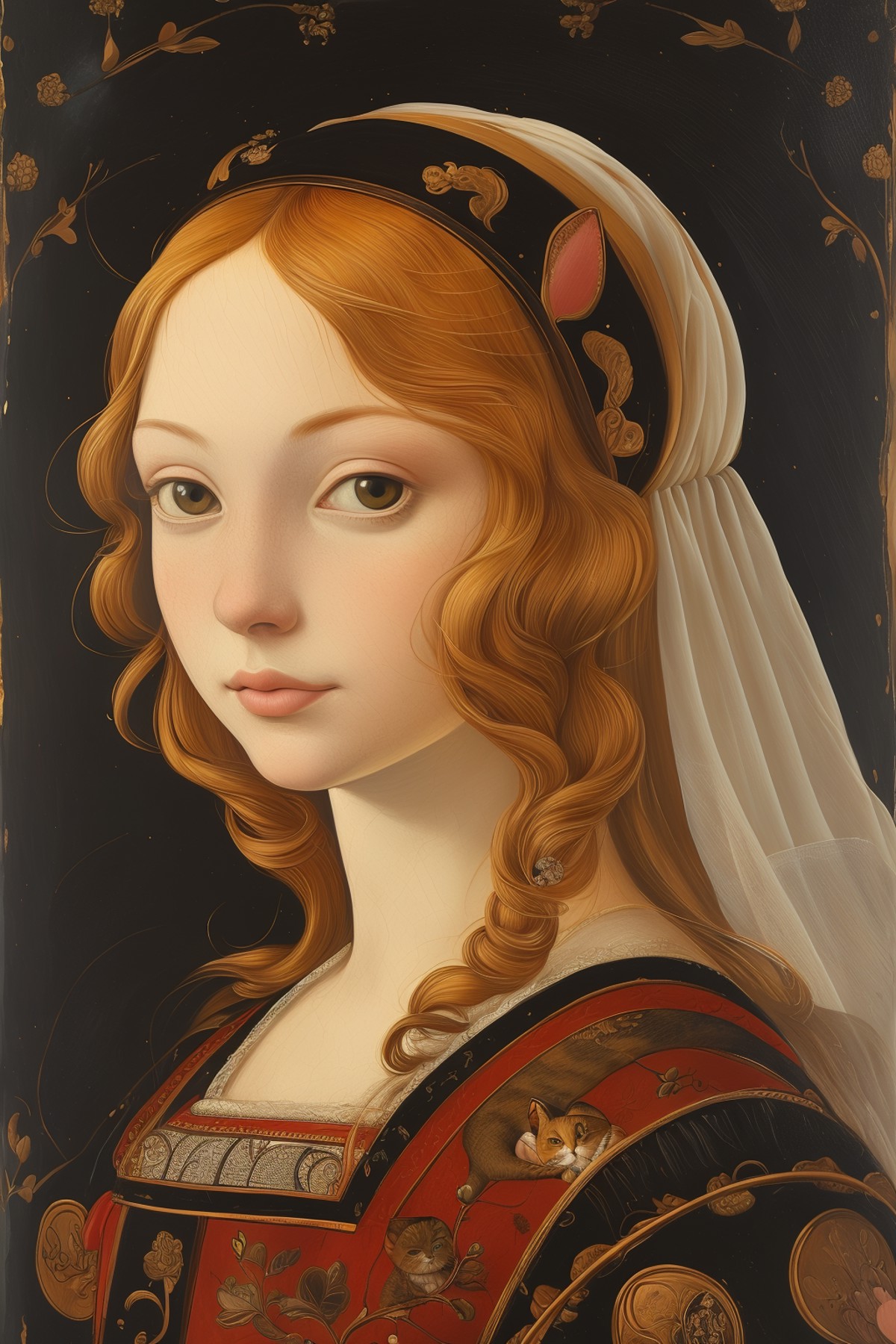 masterpiece,best quality,<lora:tbh117-:0.8>,portrait of cat,illustration painting,style of Sandro Botticelli,